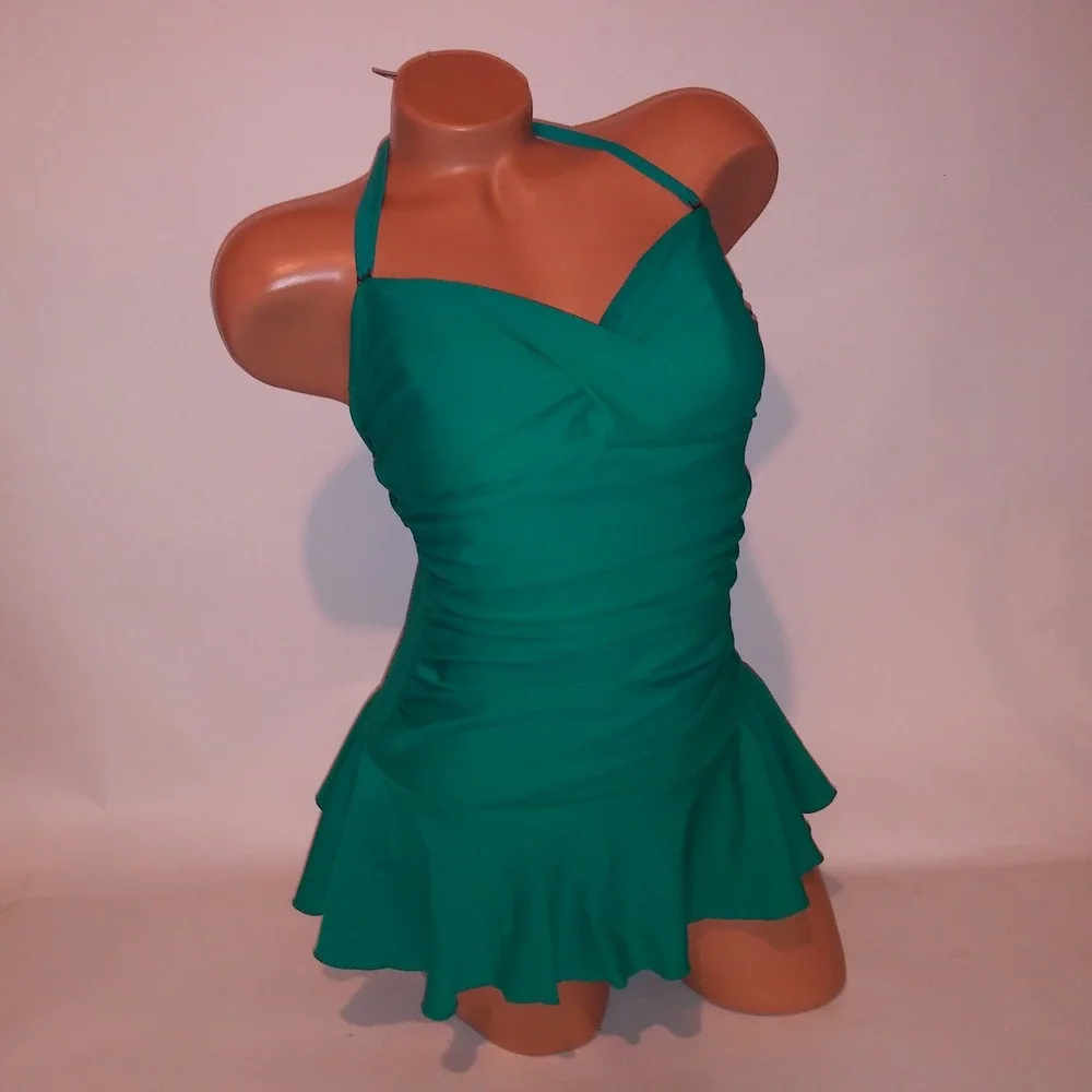 Shore Shapes One Piece Swim Size 10 Teal Solid Ruffle Lightly Lined Wireless